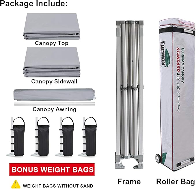 Eurmax USA 10 x 10 Pop up Canopy Commercial Tent Outdoor Party Canopies with 4 Removable Zippered Sidewalls and Roller Bag Bonus 4 Canopy Sand Bags & 24 Squre Ft Extended Awning(Grey)