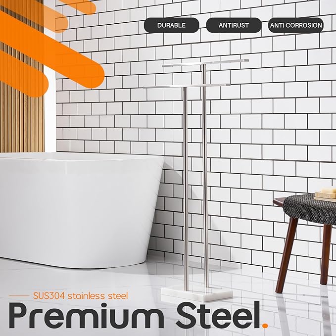 Free Standing Towel Rack for Bathroom 2-Tier Towel Holder Stand with Heavy Marble Base Thicken Steady Design Polished Chrome Stainless Steel AN7001CH