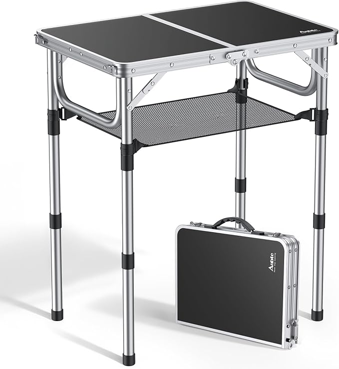 Anbte Folding Camping Table, Aluminum 24" x 16" Adjustable Height Small Folding Table with Carrying Handle, Lightweight, Portable Camping Table Waterproof for Outdoor Indoor Picnic Beach BBQ (Black)
