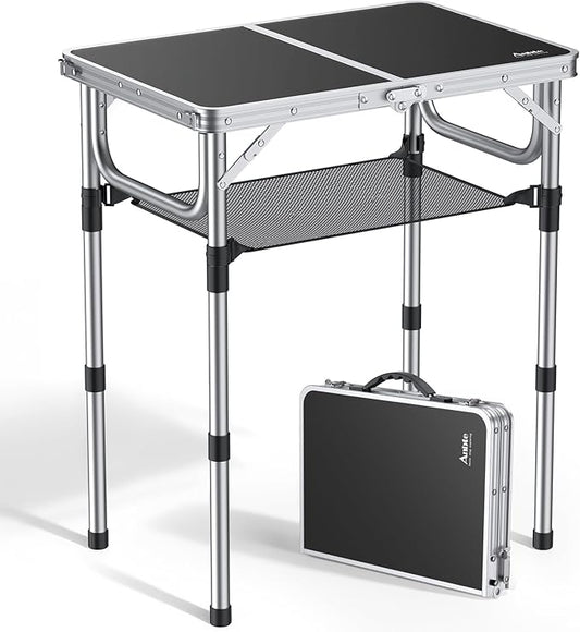 Anbte Folding Camping Table, Aluminum 24" x 16" Adjustable Height Small Folding Table with Carrying Handle, Lightweight, Portable Camping Table Waterproof for Outdoor Indoor Picnic Beach BBQ (Black)