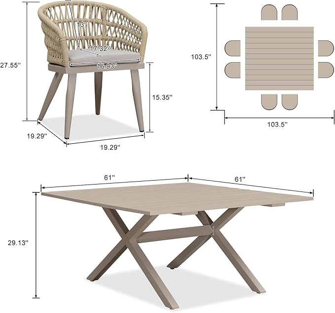 PURPLE LEAF 9 Pieces Outdoor Dining Set All-Weather PE Rattan Outdoor Patio Furniture Set with All Aluminum Frame Square Table and Chairs Set for Lawn Garden Backyard Deck, Champagne