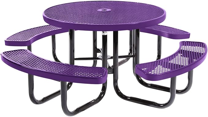 COATEDOUTDOORFURNITURE Heavy-Duty Portable Outdoor Picnic Table with Umbrella Hole, Expanded Metal Commercial-Grade Patio Dining Furniture Made in America (46" Round Top, Purple)