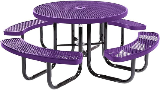 COATEDOUTDOORFURNITURE Heavy-Duty Portable Outdoor Picnic Table with Umbrella Hole, Expanded Metal Commercial-Grade Patio Dining Furniture Made in America (46" Round Top, Purple)