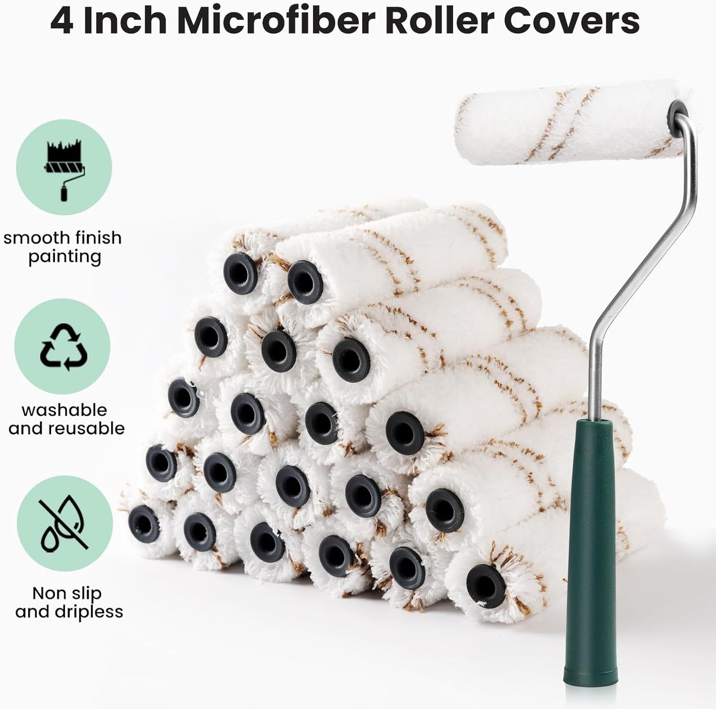 Mister Rui Microfiber Paint Roller Covers, 20 Pack 4 Inch Microfiber Roller Covers with Roller Frame, Mini Rollers for Painting, Small Roller Cover Use with All Paints and Stains