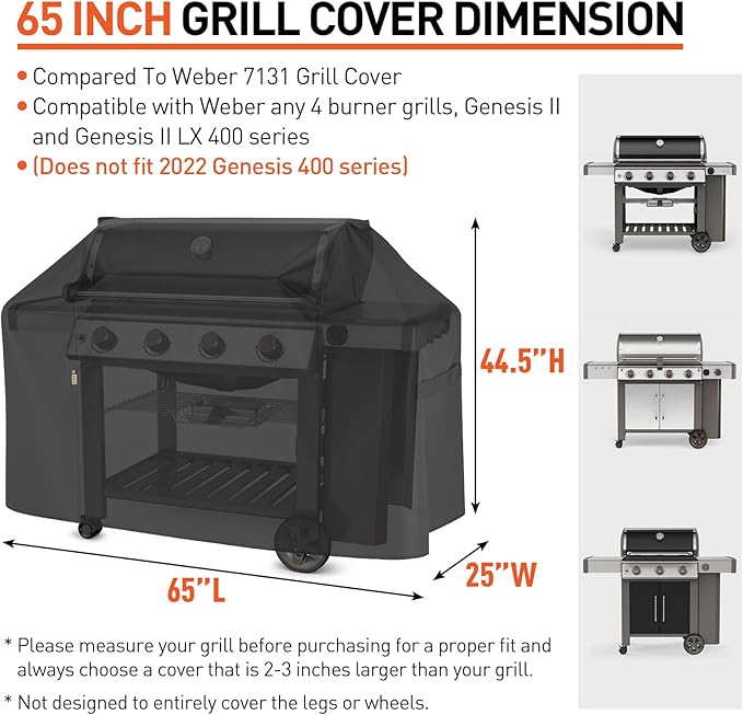 Arcedo Grill Cover 65 Inch Compatible with Weber Genesis II 400 Series and LX 400 Series Gas Grill, Waterproof Heavy Duty Outdoor 4 Burner Fade Resistant BBQ Cover, Compared to 7131