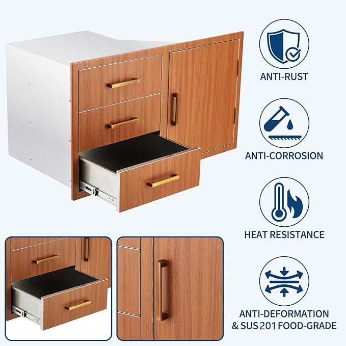 Stainless Steel Outdoor Kitchen Door Drawer Combo 38.2" W x 20.5" H x 22.6" D - Triple Drawers & Access Door, Propane Storage & Adjustable Garbage Ring, Weather-Resistant Flush Mount