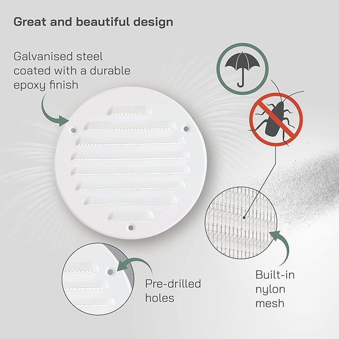 Vent Systems - 4 Inch (Inner) Pack of 5 White Metal Round Soffit Air Vent Grille Cover, Register air Vent Deflector, Louver - Built-in Mesh - HVAC for Bathroom, Home Office, Kitchen 5 Inch (Outer)