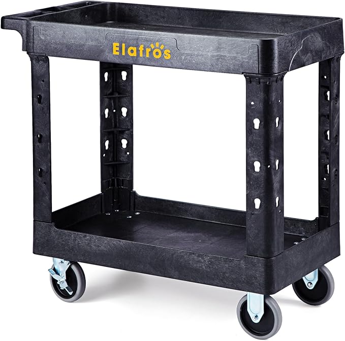 ELAFROS Heavy Duty Plastic Utility Cart 34 x 17 Inch - Work Cart Tub Storage W/Deep Shelves and 2 Fixed 2 Swivel Wheels Safely Holds up to 550 lbs - 2 Tier Service Cart for Warehouse,Garage, Black