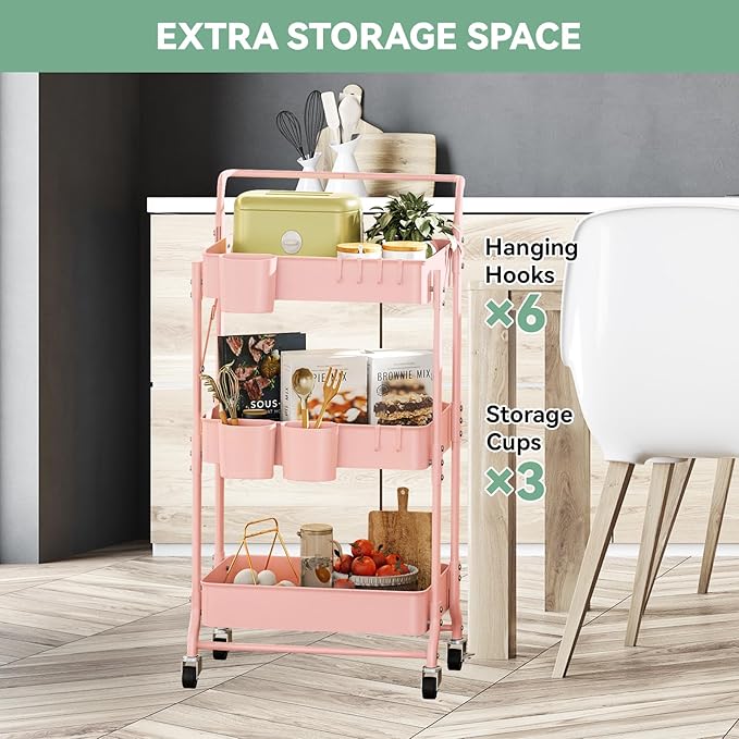 3-Tier Folding Rolling Utility Cart with Wheels, Metal Foldable Storage Cart Organizer with 3 Hanging Cups & 6 Hooks for Kitchen, Office, Living Room, Nursery(Pink)