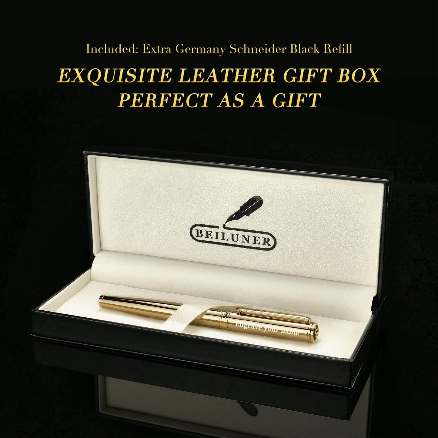 BEILUNER Gold Personalized Fountain Pen,Stunning Luxury Surface,24K Gilded Nib(Fine),Gorgeous 24K Gold Finish, Ink Converter,Fancy Gift for Men&Women-Elegant, Graduation,Office Pens for Writing