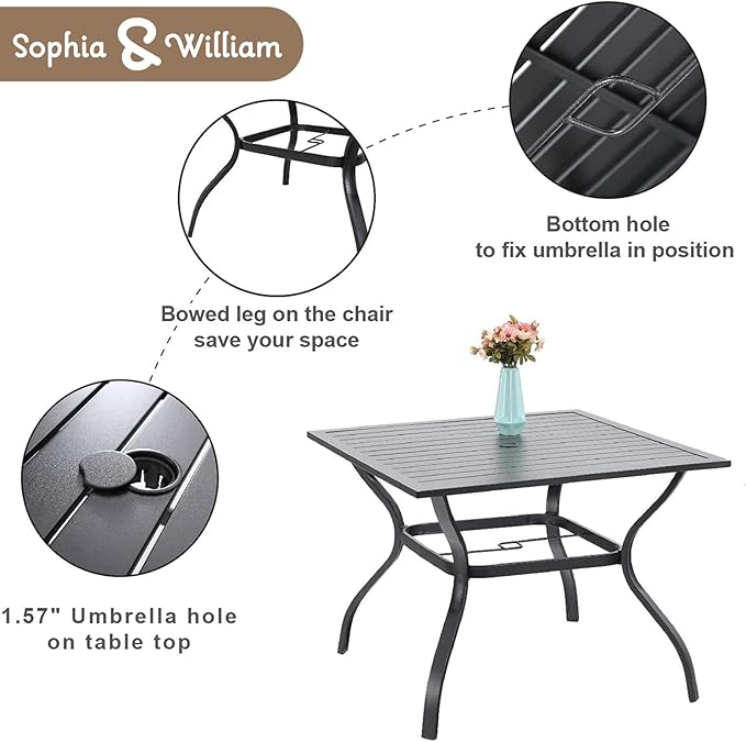 Sophia & William 5 Pieces Patio Dining Set with 9 ft Beige Patio Umbrella, Outdoor PE Rattan Chairs and Square Metal Table Set with Cushions and 1.57" Umbrella Hole for Poolside Porch Backyard