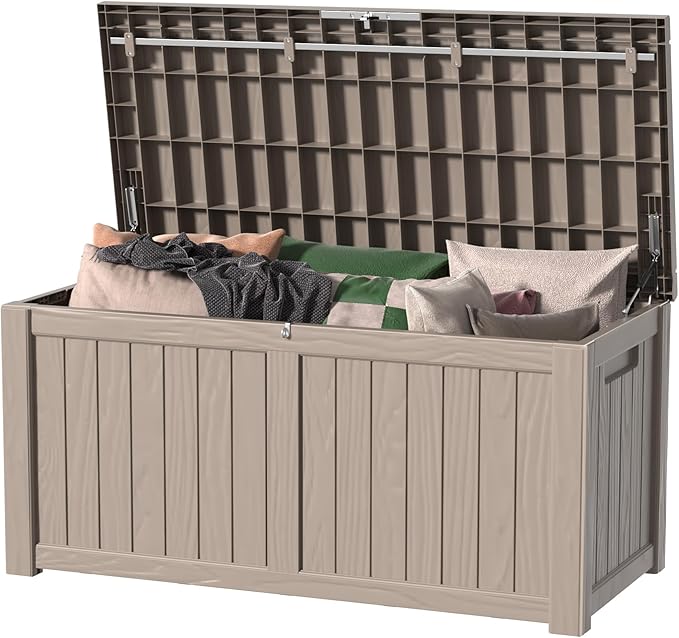 150 Gallon Deck Box,Resin Outdoor Storage Box with Lockable for Patio Furniture, Pool Tools, Garden Tools Waterproof Outside Storage Box, Grey