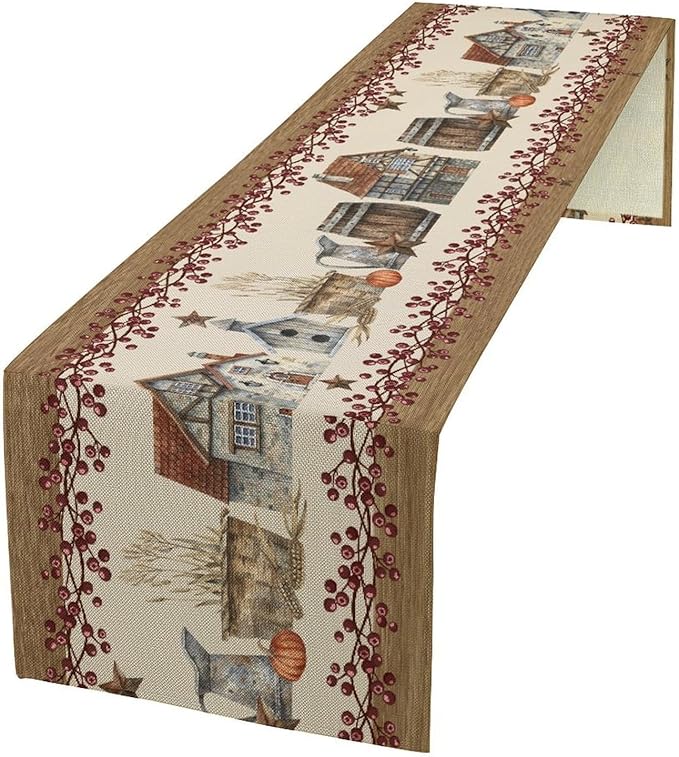 Western Texas Table Runner, Rustic Farmhouse Country Barn Berry Vintage Rural Houses Pumpkin Print Table Runner for Party Picnic Dining Kitchen Table Decor,13x120inch