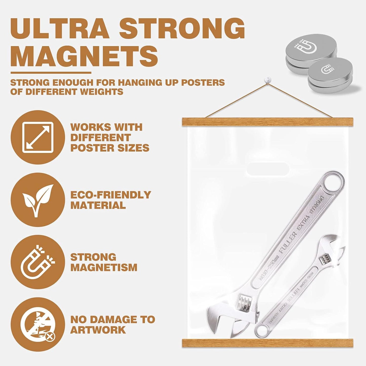 Ywlake Magnetic Poster Hanger, 34x22.5 34 x 22 34x24 Poster Frame Wood Wooden Magnet Print Posters Dowel Scroll Hanger Hangers Hanging Kit for Walls Map Canvas Artwork (Teak Wood, 34")