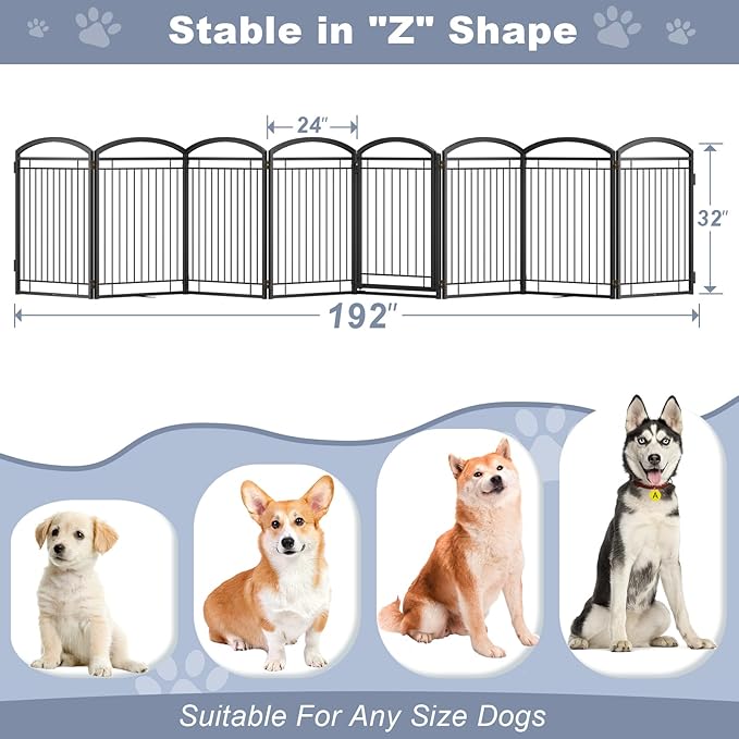 Full Metal Free Standing Dog Gate with Door for Indoor Outdoor, 192'' Extra Wide 36'' Tall Dog Gate for Doorways,Large Openings,Decks,Pet Puppy Freestanding Safety Fence(8 Panels,Black)