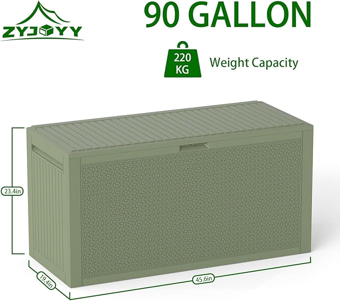 ZYJOYY Outdoor Storage Box, 90 Gallon Deck Box, Waterproof Resin Storage Bin for Patio Cushions, Gardening Tools, Lockable, UV Resistant,Olive Green