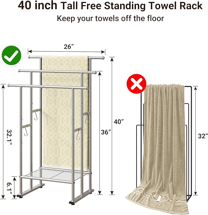 ELYKEN 3 Tier Standing Towel Rack, 40'' Tall Towel Drying Rack Outdoor, Freestanding Floor Towel Rack with Shelf, Pool Towel Blanket Stand, Metal Towel Racks for Bathroom freestanding, Smooth Silver