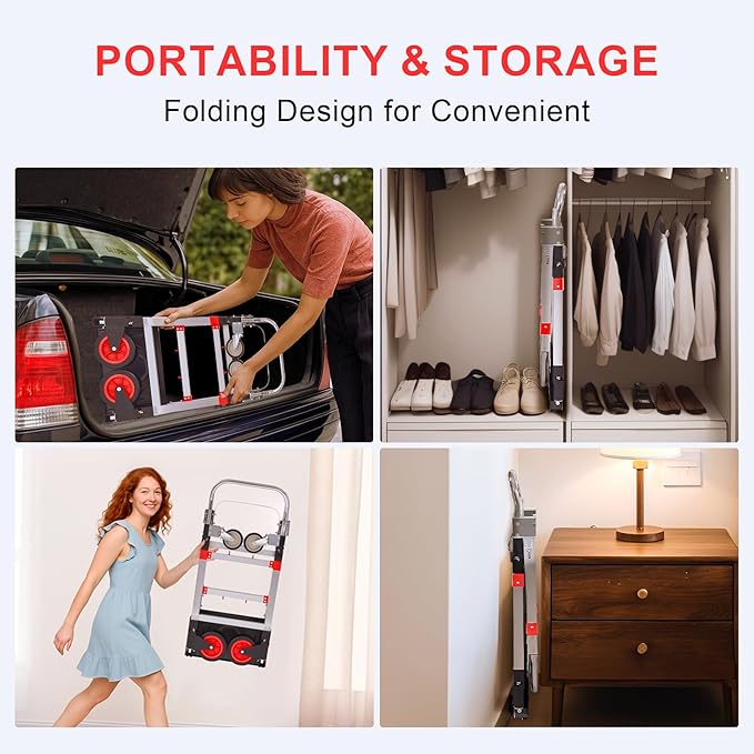 Upgraded 3 in 1 Aluminum Folding Hand Truck, 600lbs Capacity, Heavy Duty Convertible Dolly with Retractable Handle and 4 Rubber Wheels, Collapsible Cart for Moving Home, Office, Warehouse (Red)