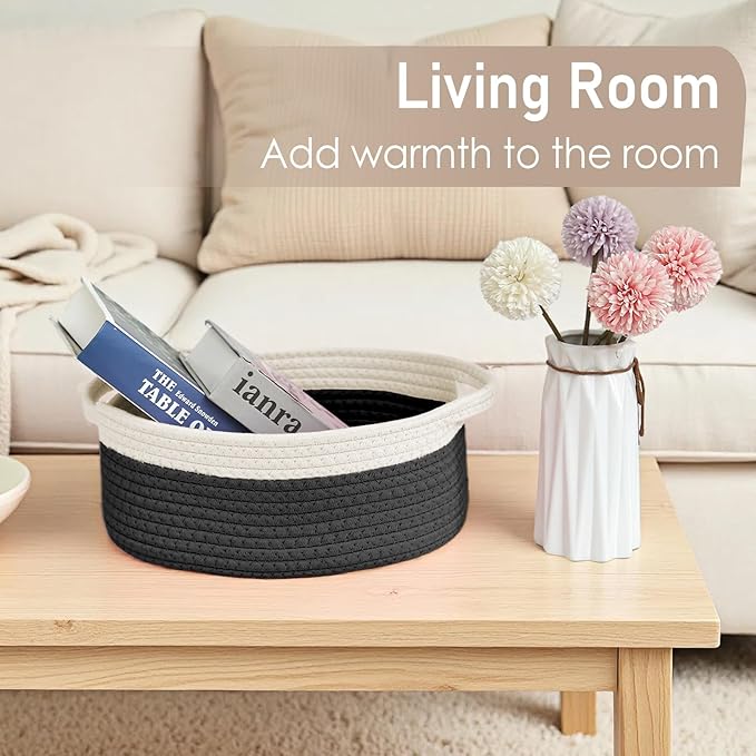Woven Basket,Small Rope Storage Bin with Handles & Ribbon Bag, Organizer for Shelves Closets,Gift Basket Empty for Birthday,Books,Dog Toys, White&Black/3 Pack