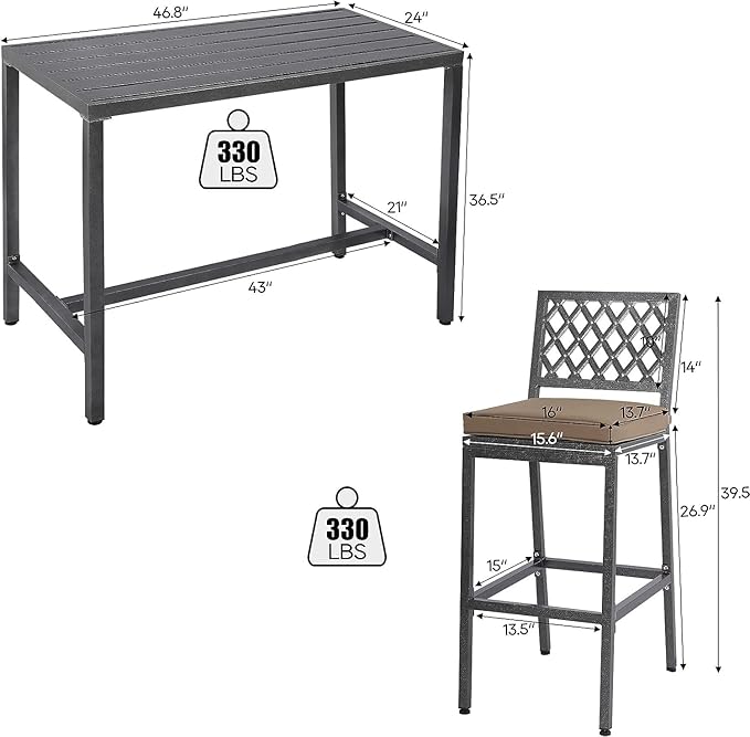 Outdoor Patio Bar Set, Bar Height Patio Dining Set, Weather-Resistant Bistro Counter Pub Set with Cushions & Slatted Tabletop for Backyard