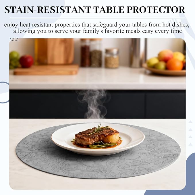 13'' Round Placemats Set of 6, PU Leather Table Mats, Non Slip Heat Resistant Waterproof Oilproof Washable Protective Wipeable for Dining Table, Kitchen, Party Decoration Indoor Outdoor, Gray