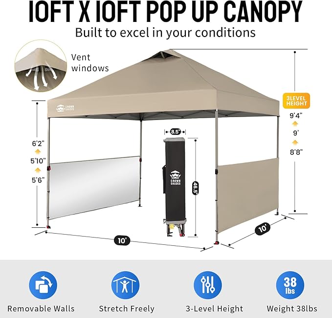 CROWN SHADES 10x10 Pop up Canopy Tent Instant Canopy with 150D Silver Coated Fabric Including 2 Half Sidewalls, 4 Ropes, 8 Stakes, 4 Weight Bags, STO 'N Go Bag, Beige
