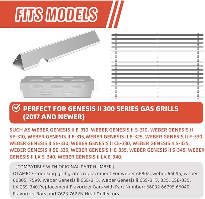 Grill Replacement Parts for Weber Genesis II GS4 Grill Parts, 66032 Flavorizer Bars,66095 Cooking Grates 66795 Heat Deflector for Weber Genesis ii E-310 E-315 S-335 Stainless Steel