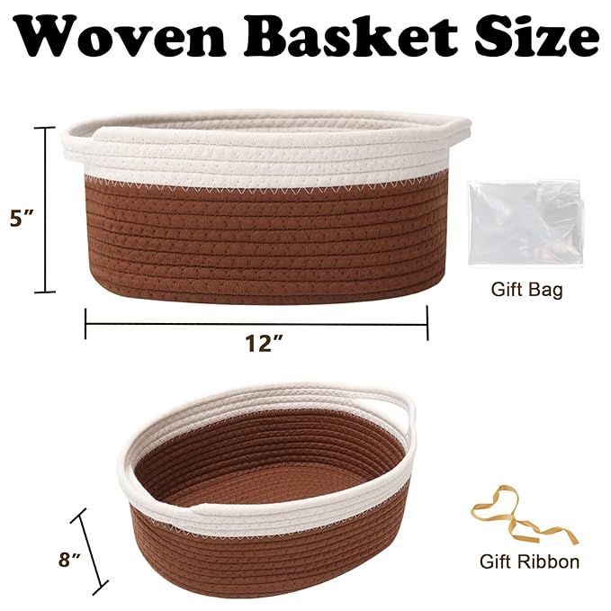 Gift Basket with Gift Bag and Ribbons,Small Rope Woven Shelf Storage,Baskets for Gifts Empty,Birthday,Baby Shower,Decorative Organizer Box with Handles(White&Brown)