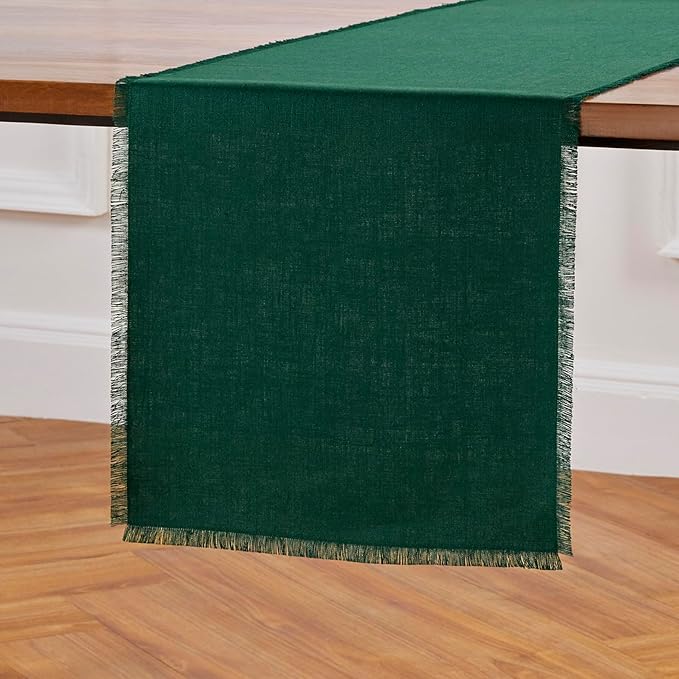 Solino Home Linen Fringe Table Runner 108 Inches Long - 100% Pure Linen Evergreen Table Runner 14 x 108 Inch for Winter, St Patricks Day - Handcrafted and Machine Washable