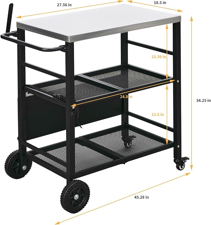 VINGLI Stainless Steel Foldable Grill Table Cart, Outdoor Food Prep Rolling Cart with Wheels and Storage Shleves, Paper Towel Holder, Easy Movable Kitchen Island for Home, Patio, Pizza Oven