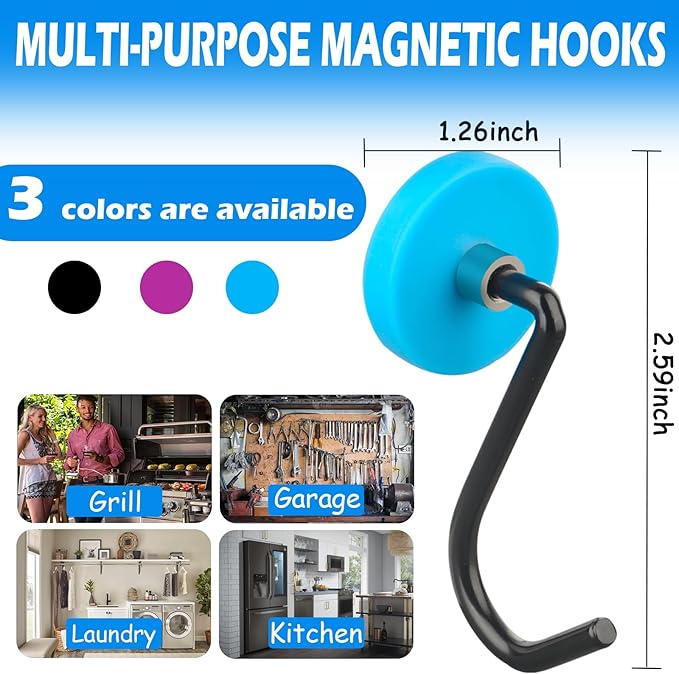 Strong Magnetic Grill Hooks, Heavy Duty Magnet Hooks for Refrigerator, 4 Pack Powerful Magnetic Hooks for Outdoor Grill Barbecue Tool Outdoor Hanging Refrigerator Kitchen, Blue
