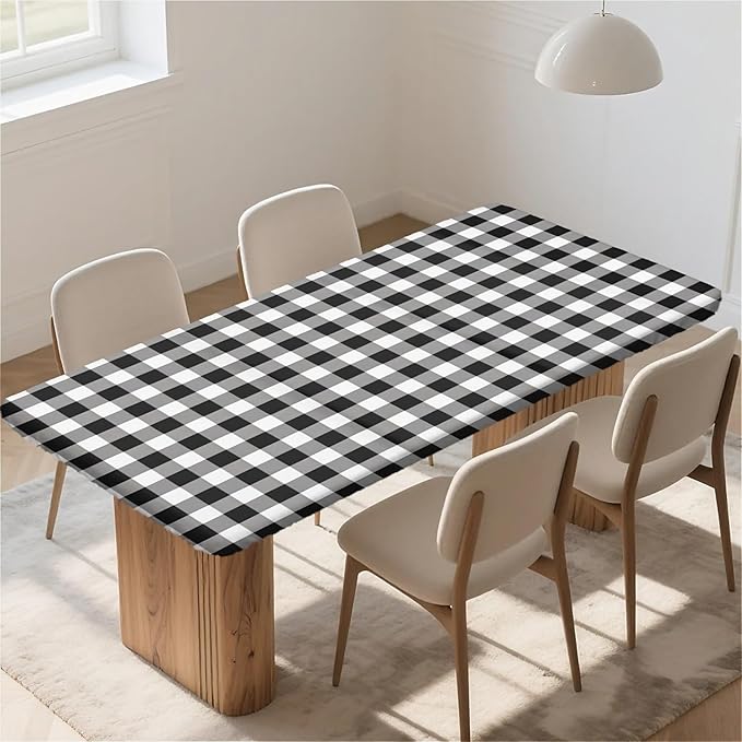 Rectangle Table Cloth Cover Waterproof Elastic Fitted Polyester Fitted Tablecloths for 8 Foot Tables for Indoor,Picnic, Camping, Outdoor （96" x 30"，Black Grid）