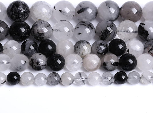 AAA Natural Black Quartz Rutilated Beads Round Loose Beads for Jewelry Making DIY Bracelet 38pcs 10mm Crystal Energy Healing Power Stone (Black Rutilated Quartz Crystal, 10mm)