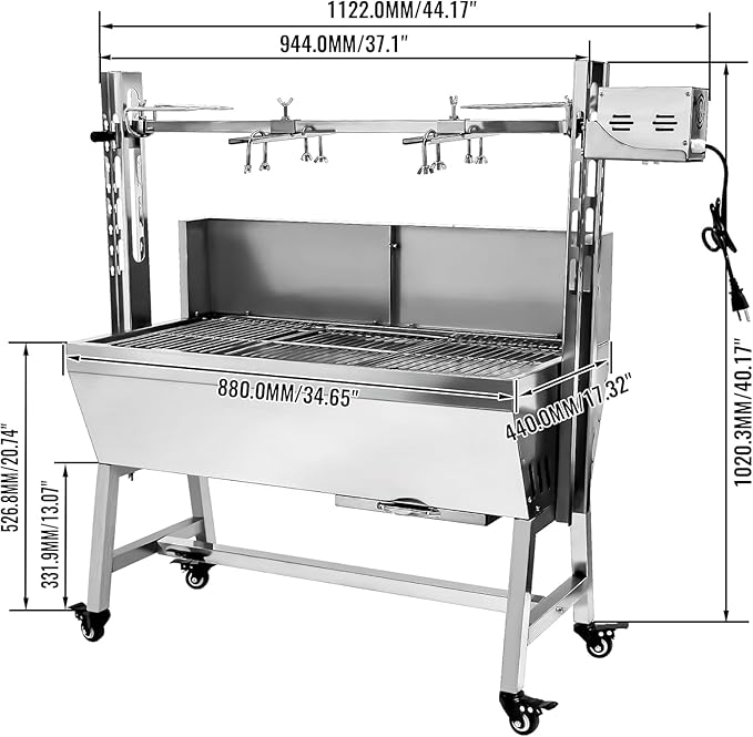 Electric Rotisserie Grill Kit with Windscreen, Large Charcoal Grill with Motor, Stainless Steel Automatic Pork Grill & Outdoor Lamb Goat Roaster, 132 Lbs Capacity for Camping Outdoor
