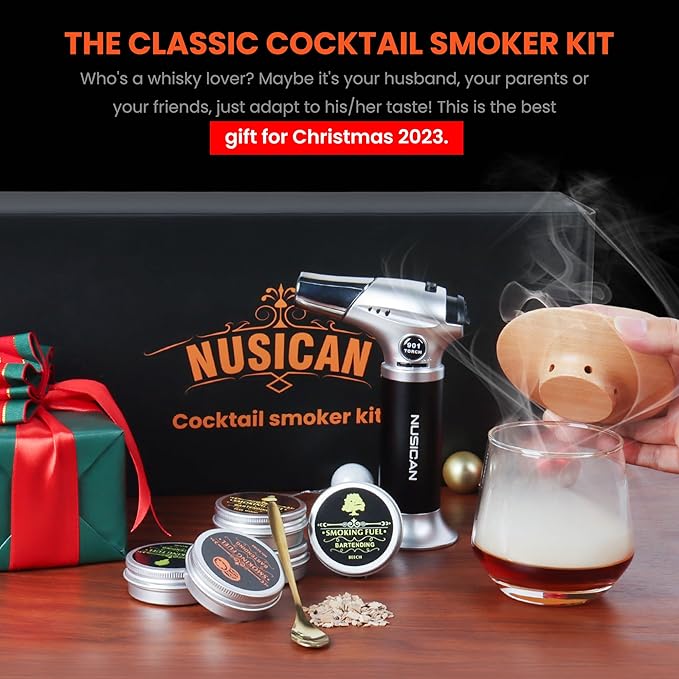 Cocktail Smoker Kit with Torch, 6 Flavors Wood Chips for Whiskey and Bourbon, Old Fashioned Smoker Kit for Infused Cocktail, Cheese, Salad and Meats, Gifts for Men, Dad and Boyfriend (No Butane)