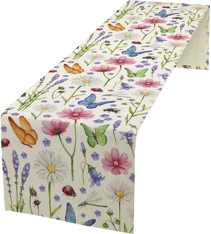 Flower Floral Table Runner, Butterfly Wildflowers Daisy Spring Summer Rustic Table Runner for Farmhouse Holiday Kitchen Dining Outdoor Home Party 13x120in