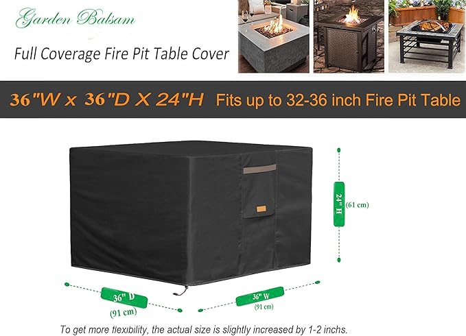 Fire Pit Cover 600D Heavy Duty Waterproof Fabric With PVC Coating Square 36" Wx 36" D x 24" H Black Fits for 32-36 Inch Fire Pit Table Fade Resistant Outdoor Firepit Cover