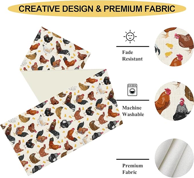 Farmhouse Rooster Table Runner, Rustic Farm Animals Cow Pig Chicken Coffee Table Center Decor for Home Kitchen Dining Patio Holiday Party Indoor Outdoor Table Decorations, 13"x108" Inch