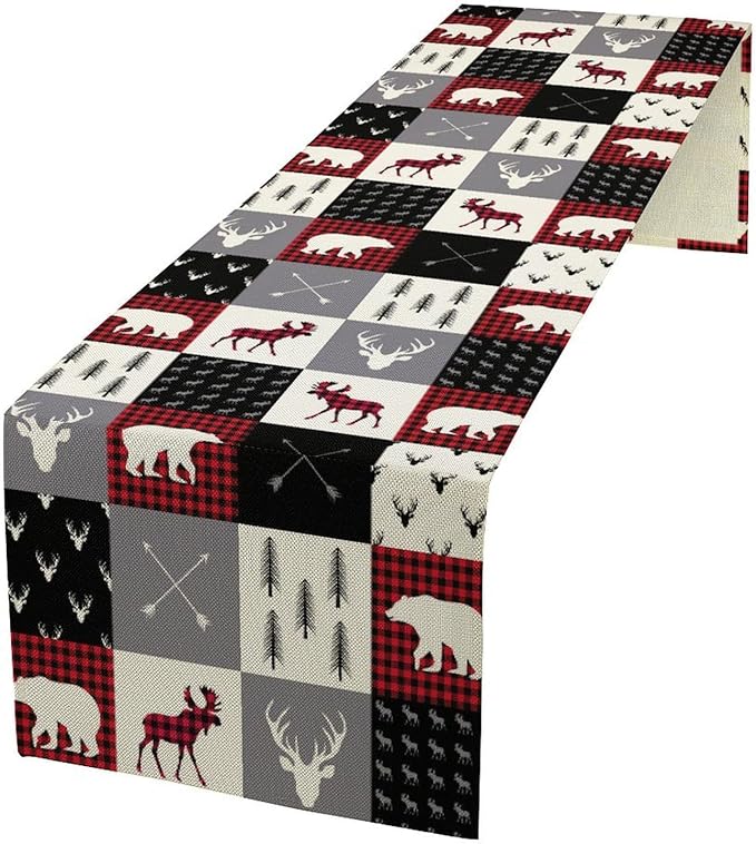 Farmhouse Bear Deer Table Runner, Retro Rustic Village Buffalo Plaid Table Runner for Coffee Table Dining Room Table Bedroom Party Holiday 13x90in