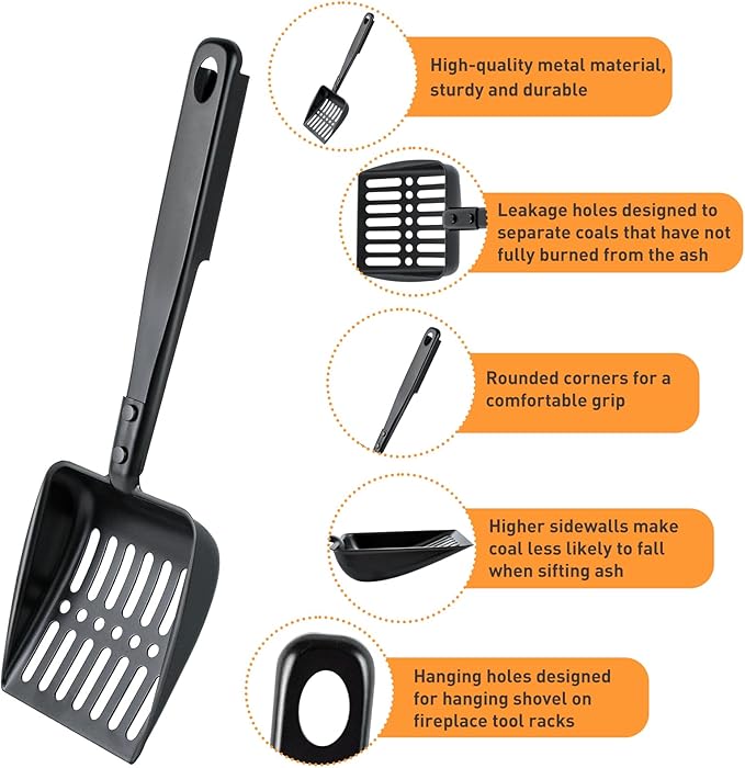 13 Inch Hollow Out Fireplace Ash Sifter Metal Black Coal Shovel Heat Resistant Scoop Charcoal Shovel Tools With Self-Adhesive Hook for Wood Stove Indoor Fire Pit
