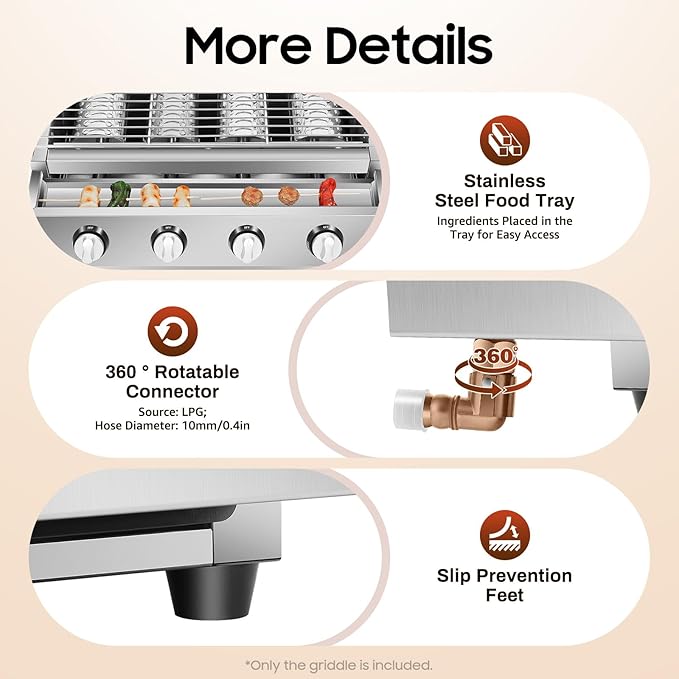Gas BBQ Grill, Tabletop Outdoor Barbecue Grill with Food Tray Adjustable Height & 4 Independent Temp Control, Portable Stainless Steel Cooking BBQ Griddle For Camping Gatherings and Outdoor Activities