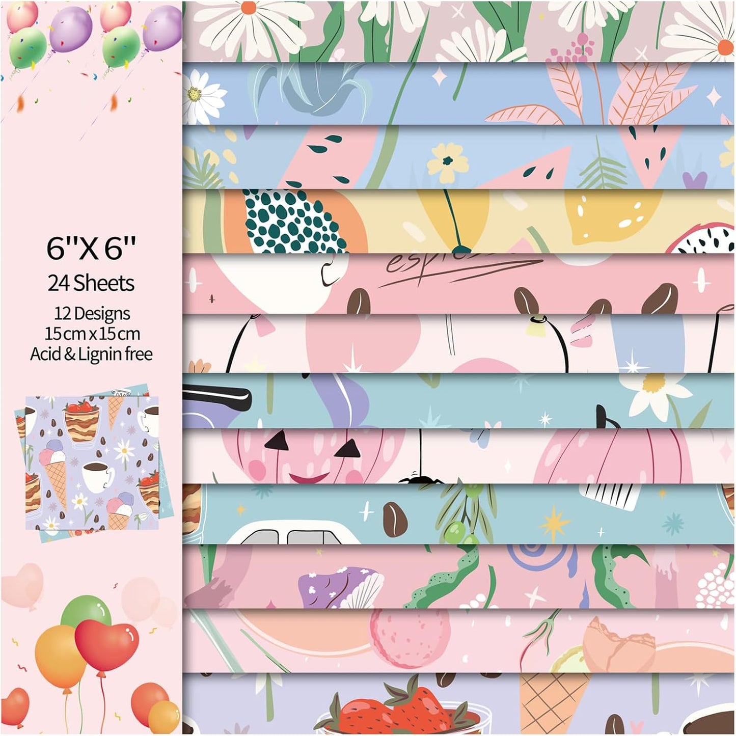 24 Sheets 12 Designs Scrapbook Paper Pad,6"×6” Single-Sided Decopodge Craft Cardstock Paper,Christmas Scrapbooking DIY Decorative Background Cardmaking Supplies.Cartoon