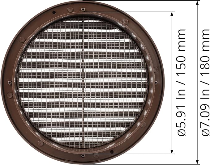 Brown 6" Inch Round Ventilation Grille with Insect mesh. (Duct 6Ø / Grille 7Ø) Ventilation Applications. Indoor and Outdoor Vent Cover. Available 3 Sizes / 4 Colors.