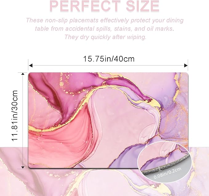 Marble Pink Placemats Set of 4 - Faux Leather Heat Resistant Placemats for Dinner Table, Non-Slip Waterproof Oil-Proof Washable Reusable Placemat for Indoor Outdoor Kitchen Decor, 15.75In*11.81In