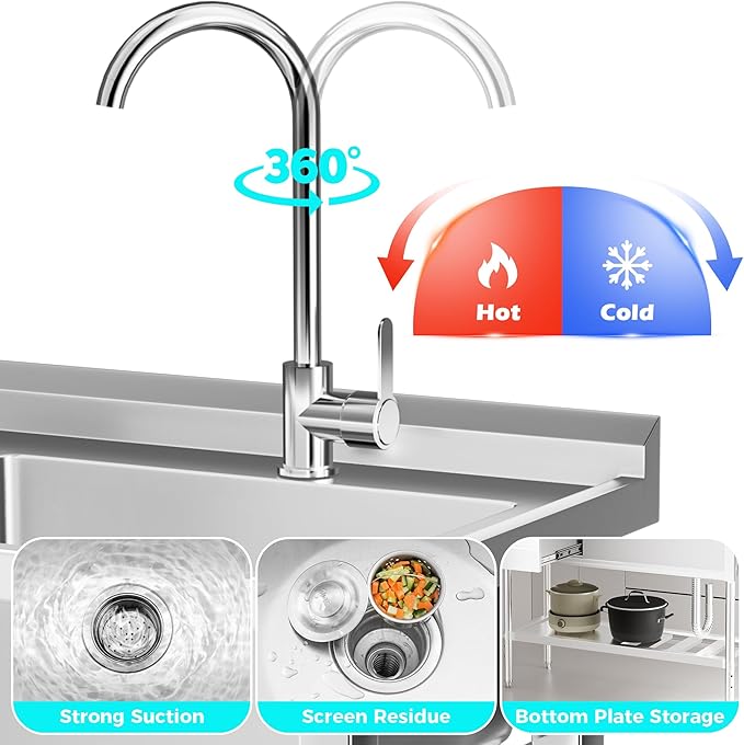 WOEDEN 47" 304 Stainless Steel Utility Sink, Free-Standing Commercial Sink with Workbench, Drawer Storage & Hot/Cold Water Pipes for Laundry, Farmhouse & Outdoor Use