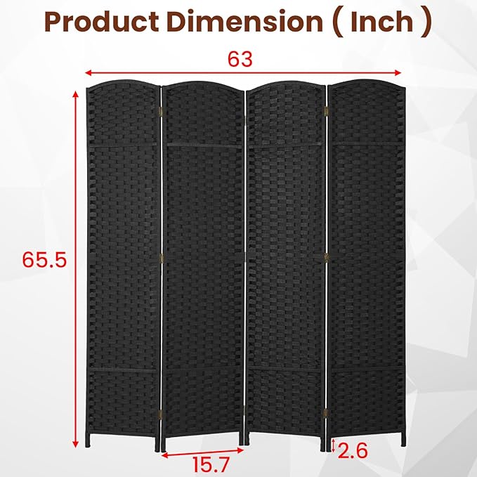 FDW Room Divider 4 Panel Screen 5.6 Ft Tall Partition Privacy Screens Folding Room Separation Free Standing Waterproof Wood Frame Wall Divider, Dark Black