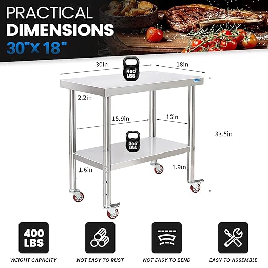 Stainless Steel Table with Wheels 30 x 18 Inch NSF Commercial Stainless Steel Metal Prep Table for Restaurant Kitchen Garage