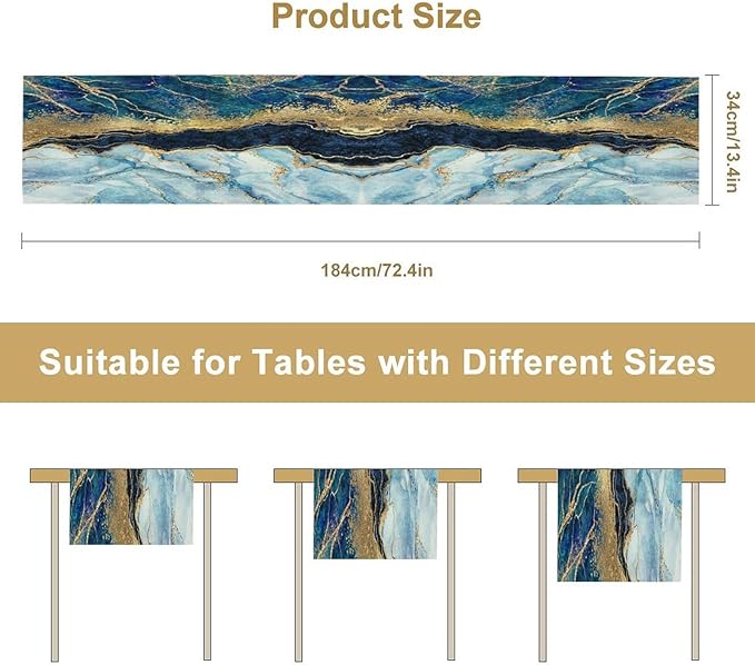 Marble Table Runner, Blue Texture Abstract Art Print Table Runner for Indoor Home Living Room Party Dining Kitchen 13x70in