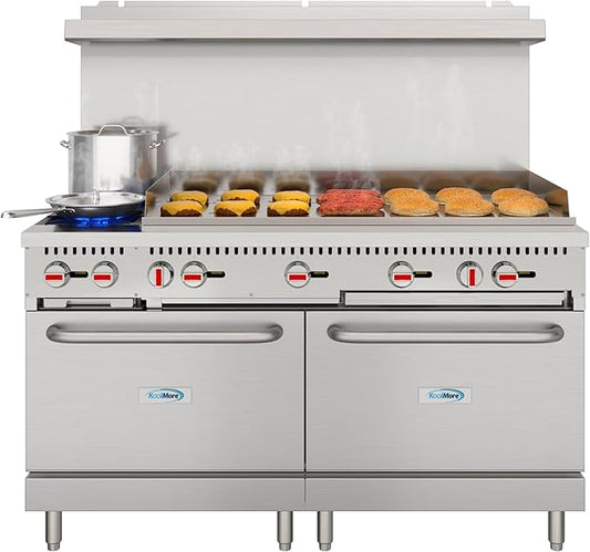 KoolMore 60 in. Double Oven Commercial Cooking Range with 48 in. Griddle and 2 Burners, ETL Listed in Stainless-Steel (KM-CRG482-NG)