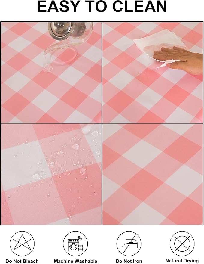 Cupuamon 2 Pack Waterproof Polyester Fabic Rectangle Checkered Tablecloth，60x102 Outdoor Table Cloth，Oil Stain Prevention Table Cloth for Pinics and Parties（Pink and White）